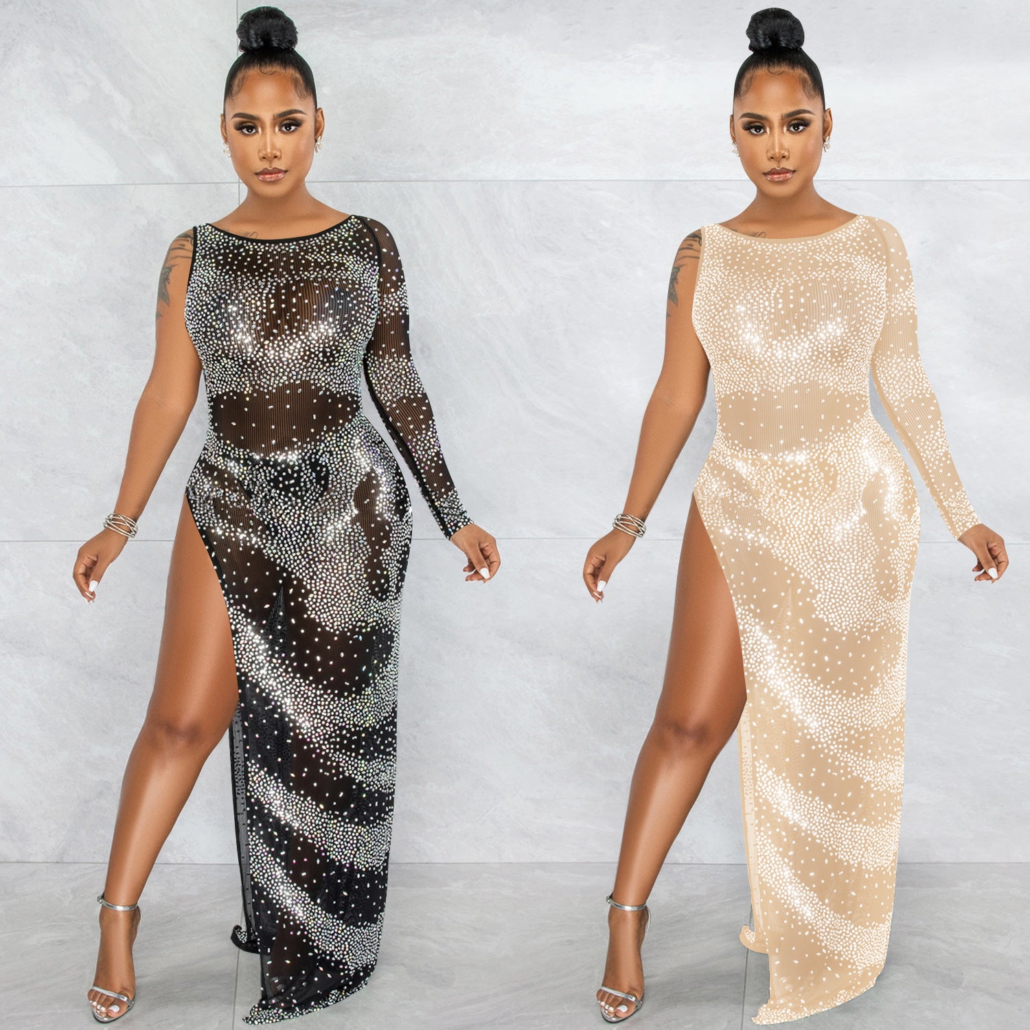Fashion Sexy Nightclub Rhinestone Single Long Sleeve Irregular Slit Maxi Dress